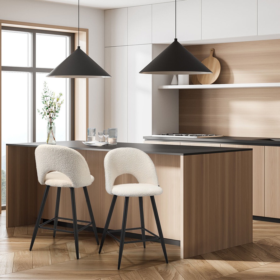 Oikiture 2x Bar Stools Kitchen Stool Boucle Fabric Counter Chair White HORN