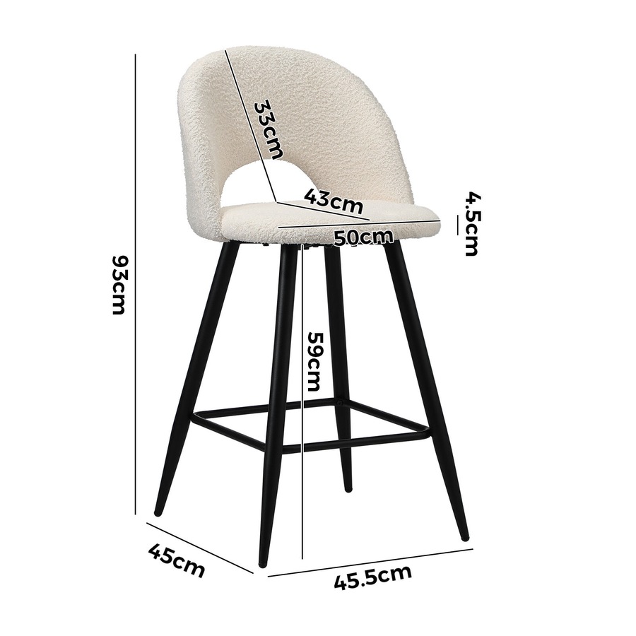 Oikiture 2x Bar Stools Kitchen Stool Boucle Fabric Counter Chair White HORN