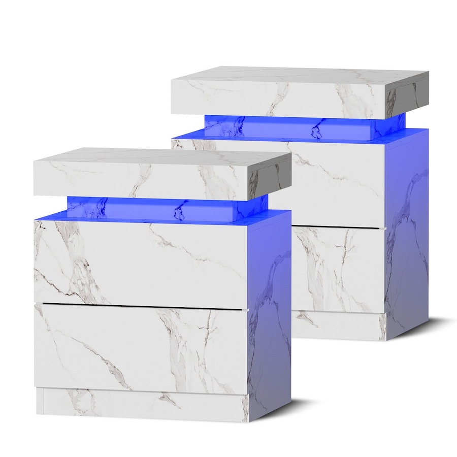 Oikiture 2x Bedside Table 2 Drawers LED Side Tables Nightstand Marble Effect White