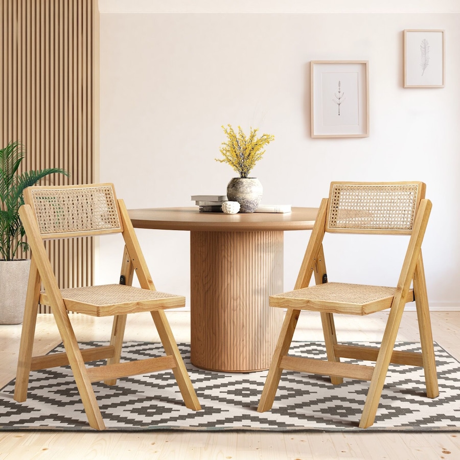 Oikiture 2x Dining Chairs Folding Rattan Chair Wooden Accent Chair Natural