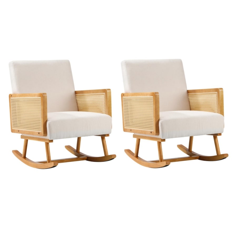 Oikiture 2x Rocking Chair Nursing Armchair Linen Accent Chairs PE Rattan Beige