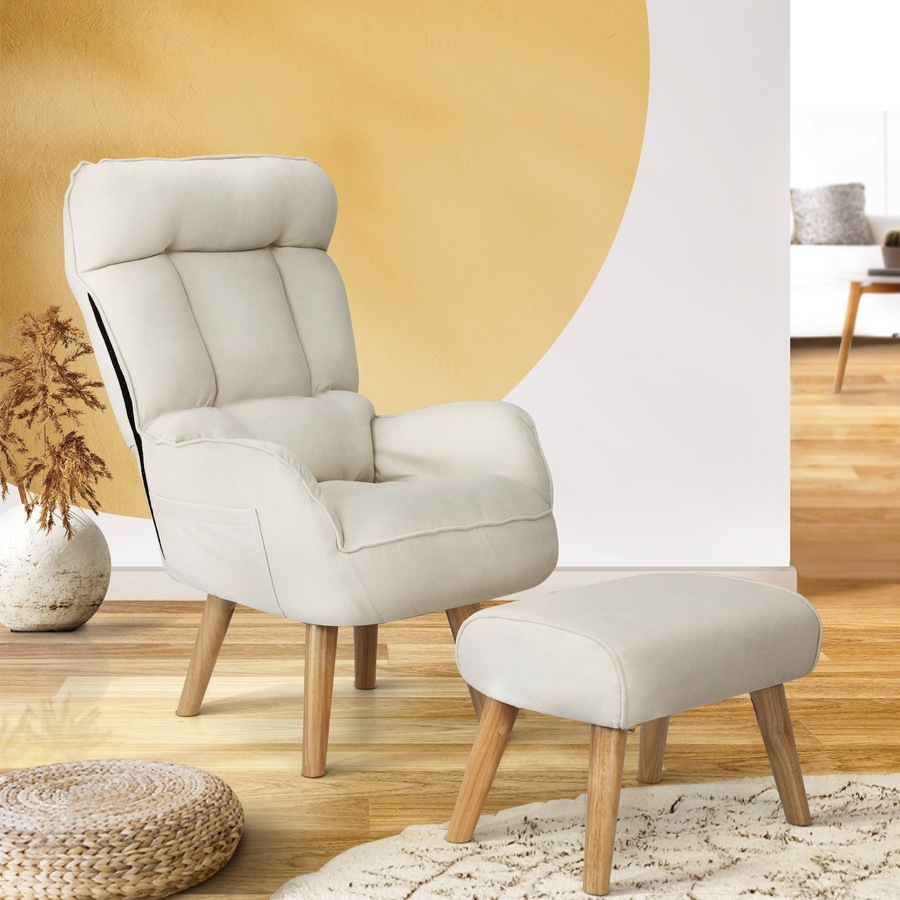 Oikiture 360 Swivel Armchair Recliner Lounge Ottoman Accent Chair Sofa With Stool Beige