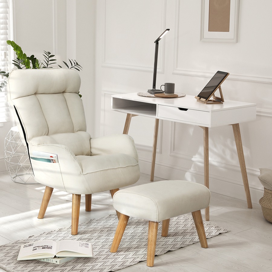 Oikiture 360 Swivel Armchair Recliner Lounge Ottoman Accent Chair Sofa With Stool Beige