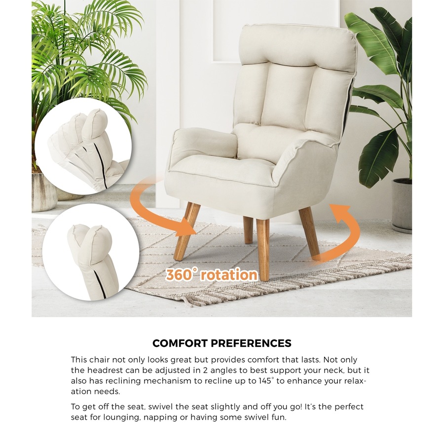 Oikiture 360 Swivel Armchair Recliner Lounge Ottoman Accent Chair Sofa With Stool Beige