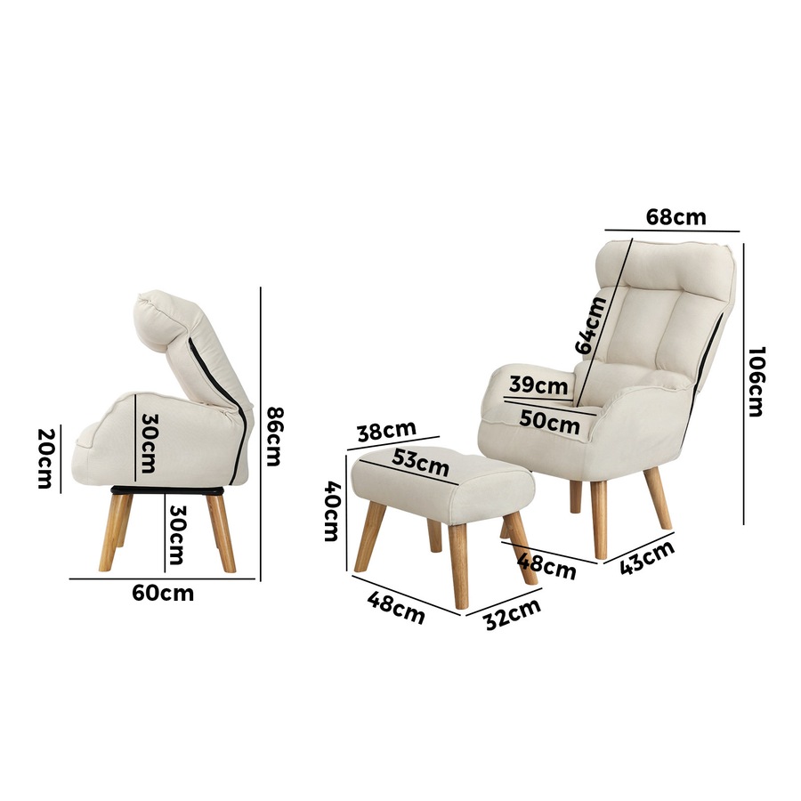 Oikiture 360 Swivel Armchair Recliner Lounge Ottoman Accent Chair Sofa With Stool Beige