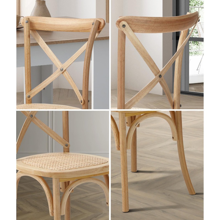 Oikiture 4PCS Crossback Dining Chair Solid Birch Timber Wood Ratan Seat Natural
