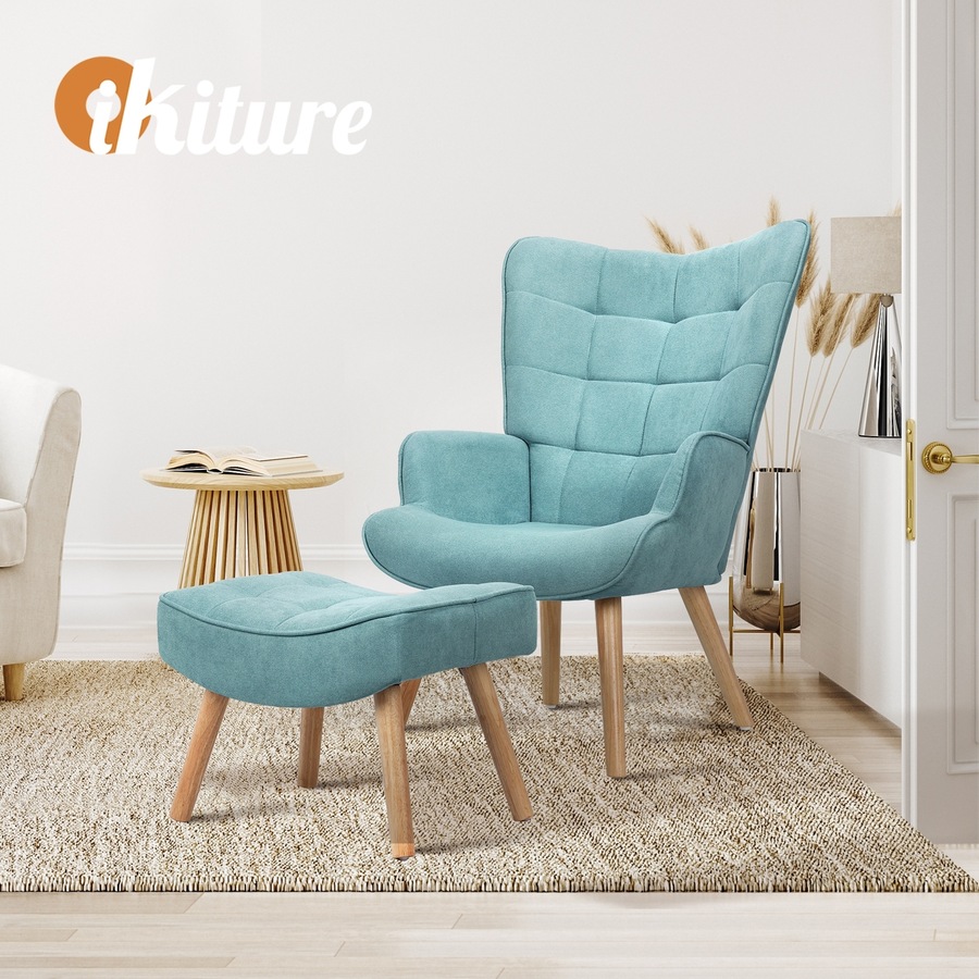 Oikiture 4x Armchair Lounge Chair Ottoman Accent Armchairs Fabric Sofa Blue