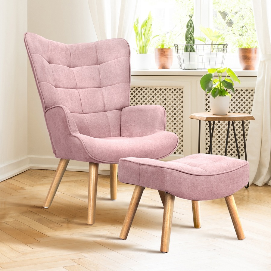 Oikiture 4x Armchair Lounge Chair Ottoman Accent Armchairs Fabric Sofa Pink
