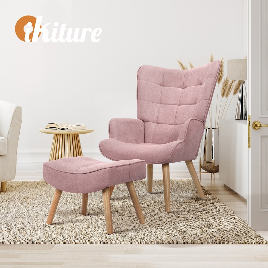 Oikiture 4x Armchair Lounge Chair Ottoman Accent Armchairs Fabric Sofa Pink