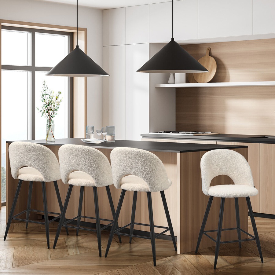 Oikiture 4x Bar Stools Kitchen Stool Boucle Fabric Counter Chair White HORN