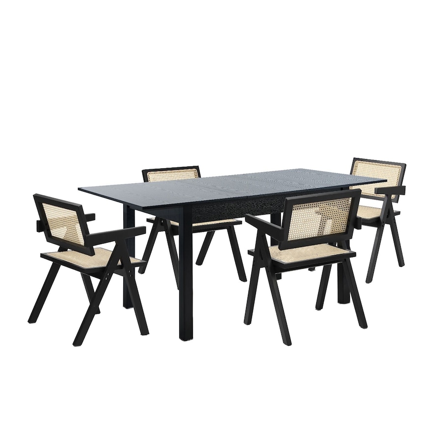 Oikiture 5pc Extenable Dining Table and Chairs Wooden Dining Set Ratten Black