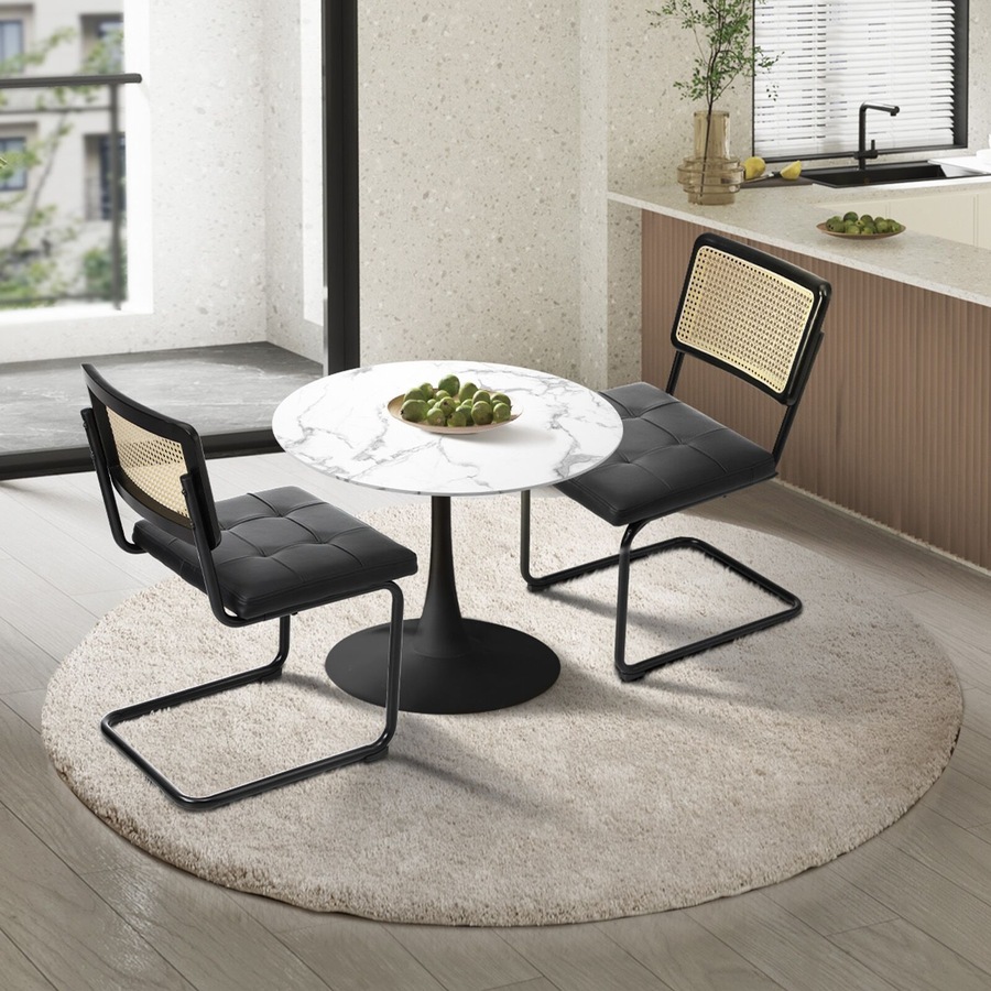 Oikiture 60cm Round Dining Table with 2PCS Dining Chairs PU Leather Black