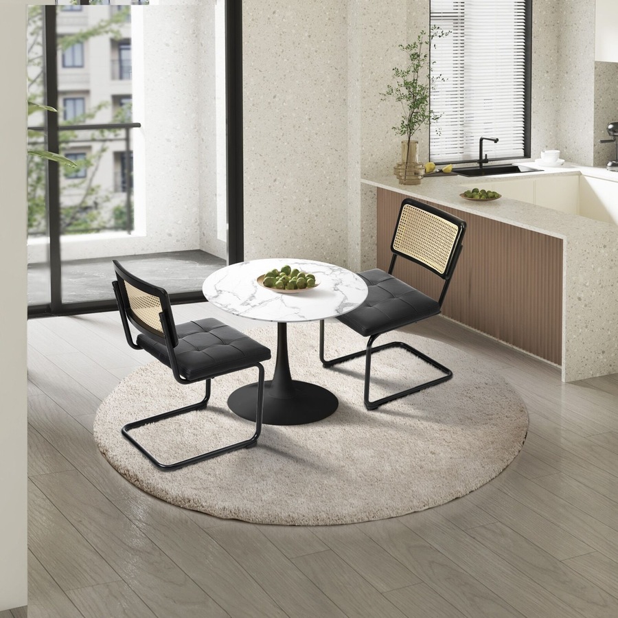 Oikiture 60cm Round Dining Table with 2PCS Dining Chairs PU Leather Black