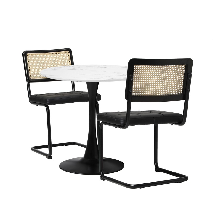 Oikiture 60cm Round Dining Table with 2PCS Dining Chairs PU Leather Black