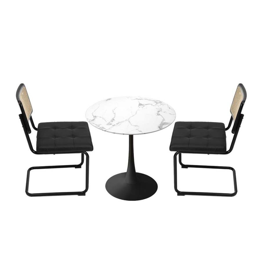Oikiture 60cm Round Dining Table with 2PCS Dining Chairs PU Leather Black