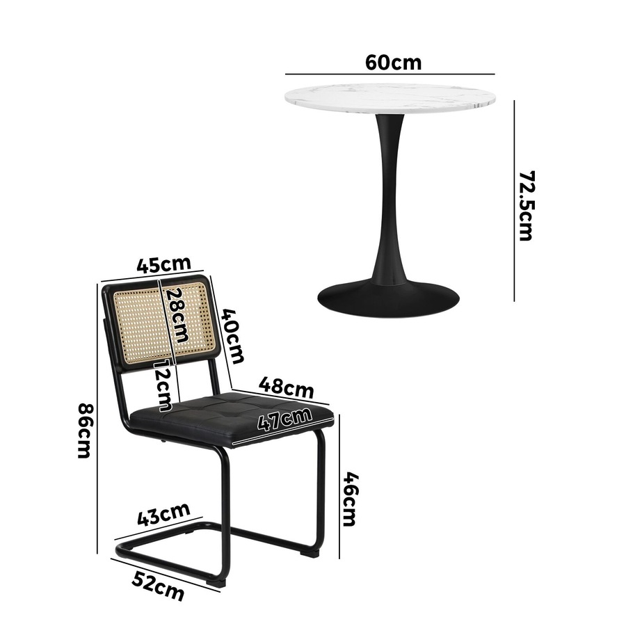 Oikiture 60cm Round Dining Table with 2PCS Dining Chairs PU Leather Black