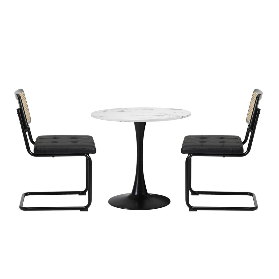 Oikiture 60cm Round Dining Table with 2PCS Dining Chairs PU Leather Black