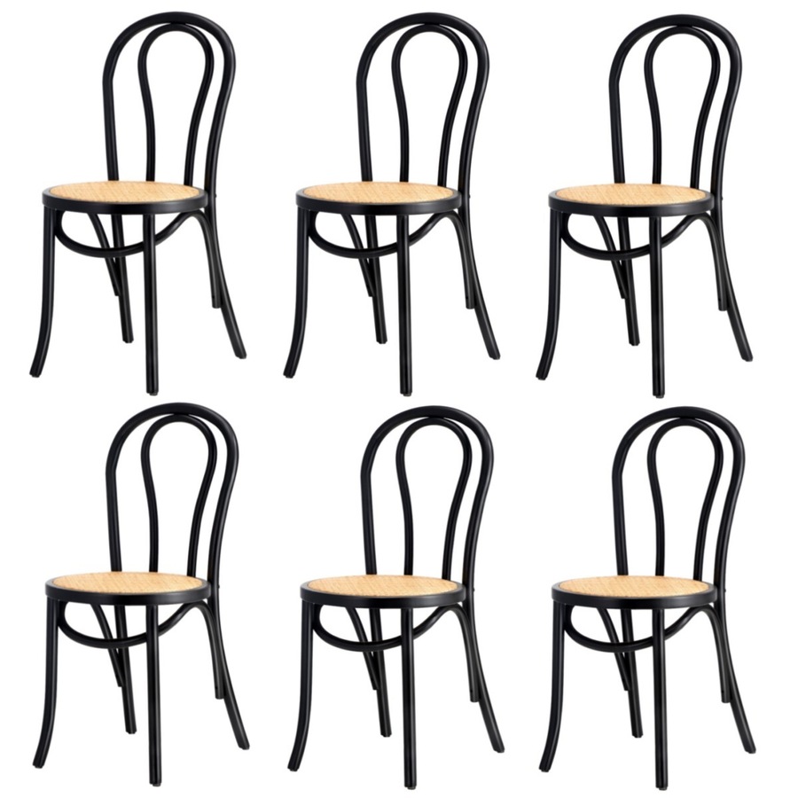 Oikiture 6x Dining Chair Solid Wooden Chairs Ratan Seat Black