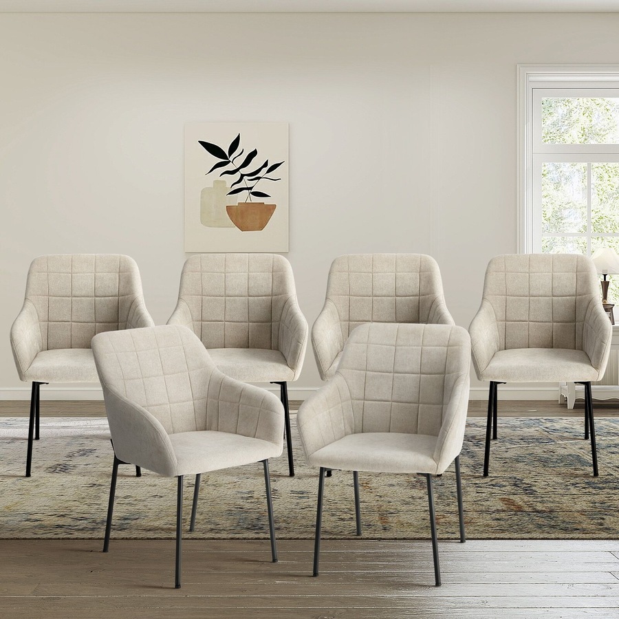 Oikiture 6x Dining Chairs Kitchen Accent Armchairs Linen Fabric Beige