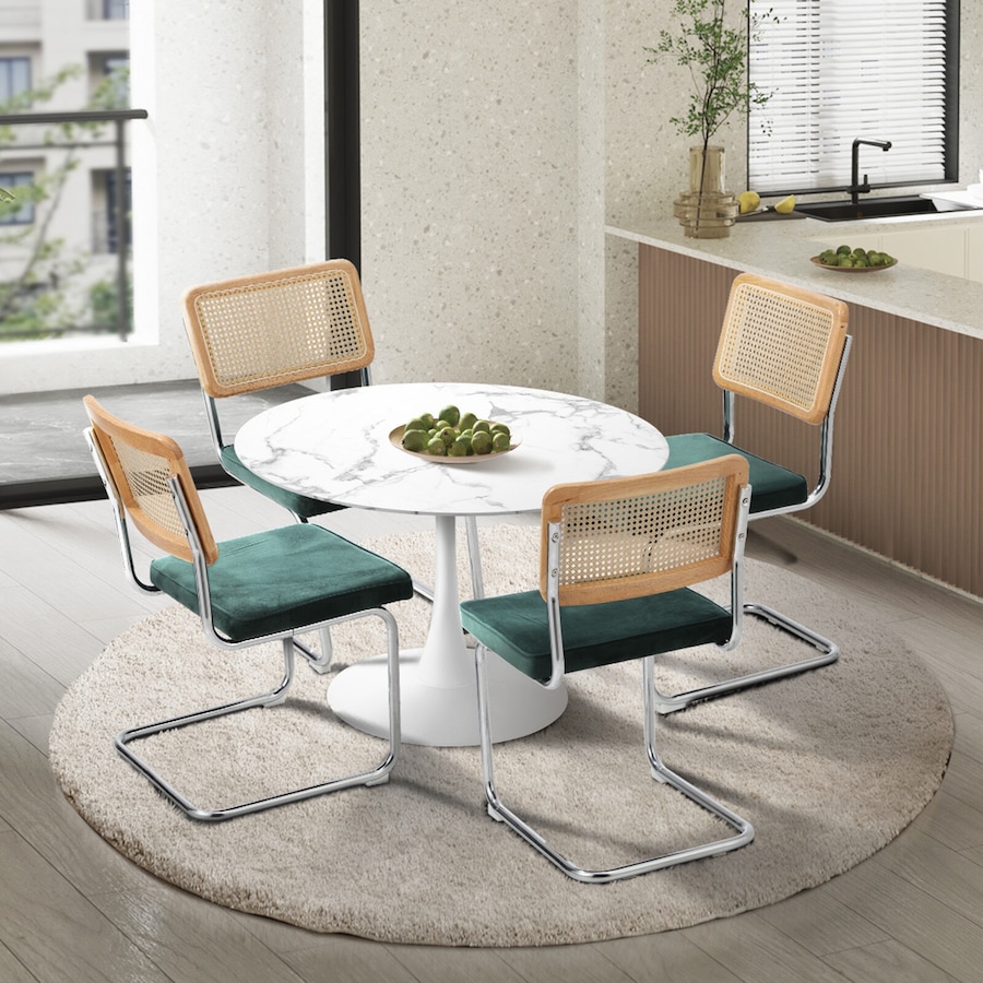 Oikiture 90cm Round Dining Table with 4PCS Dining Chairs Velvet White&Green