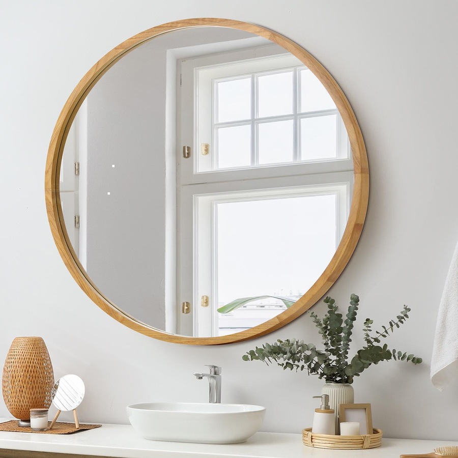 Oikiture 90cm Wooden Wall Mirrors Round Large Makeup Mirror Vanity Home Decor