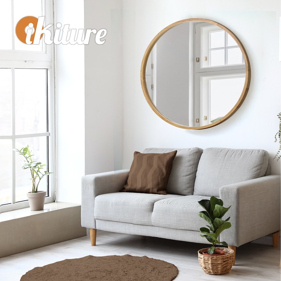 Oikiture 90cm Wooden Wall Mirrors Round Large Makeup Mirror Vanity Home Decor