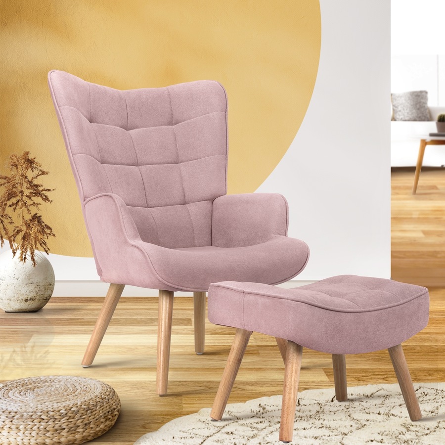 Oikiture Armchair Lounge Chair Ottoman Accent Armchairs Fabric Sofa Chairs Pink