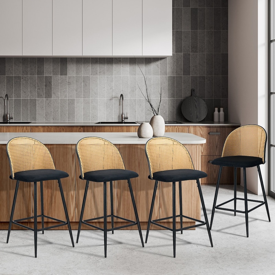 Oikiture Bar Stools Kitchen Counter Stool Rattan Dining Chair Velvet Fabric Black x4
