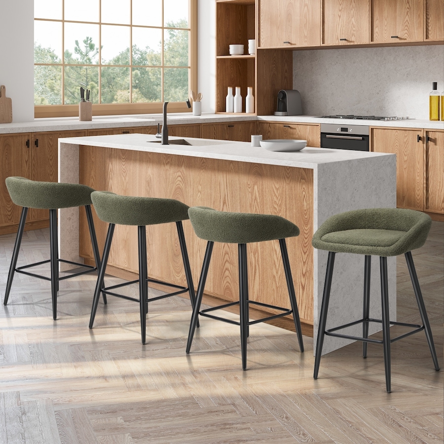 Oikiture Bar Stools Set of 4 Kitchen Dining Chairs Counter Stools Green Boucle