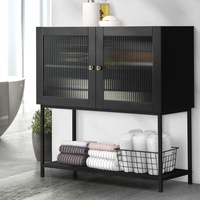 Oikiture Storage Cabinet Floor Cupboard Two Tempered Glass Door Black