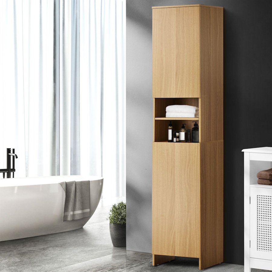 Oikiture Bathroom Cabinet Storage Laundry Tall Slim Toilet Floor Cupboard Natural