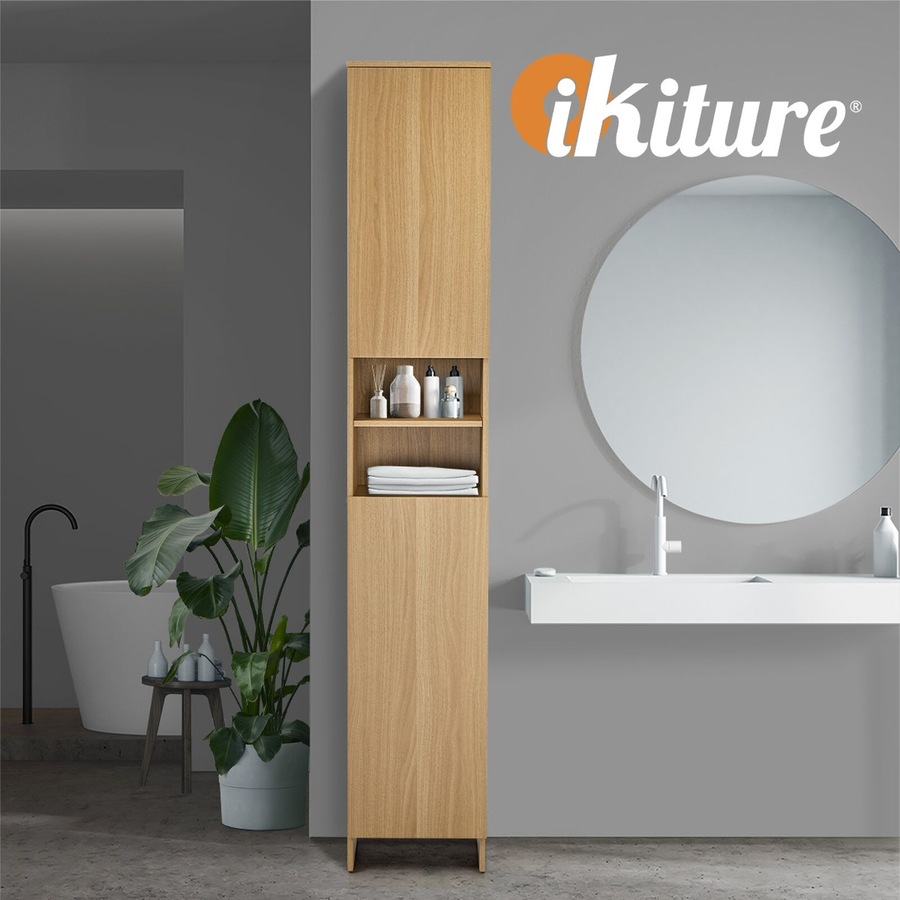 Oikiture Bathroom Cabinet Storage Laundry Tall Slim Toilet Floor Cupboard Natural