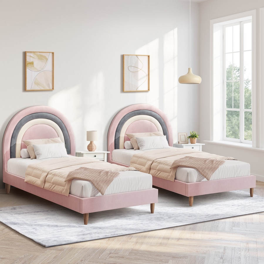 Oikiture Bed Frame 2X Single Size Rainbow Kids Bed Frame Pink Velvet