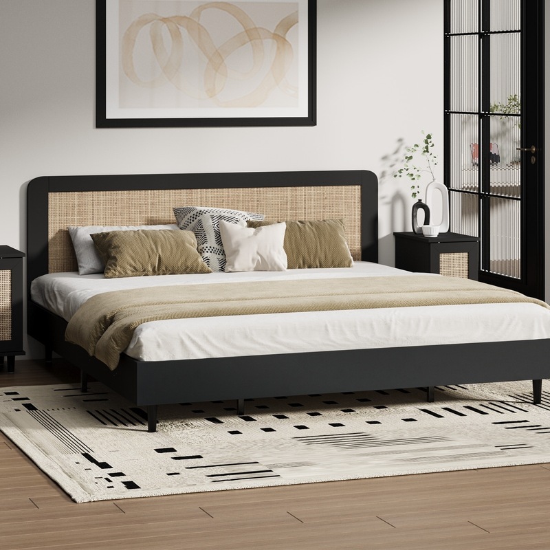 Buy Oikiture Bed Frame King Size Beds Real Rattan Headboard Black - Mydeal