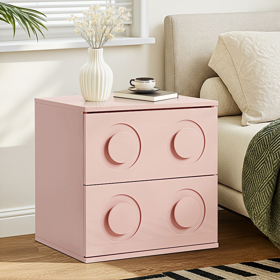 Oikiture Bedside Table 2 Drawers Kid Nightstand Pink