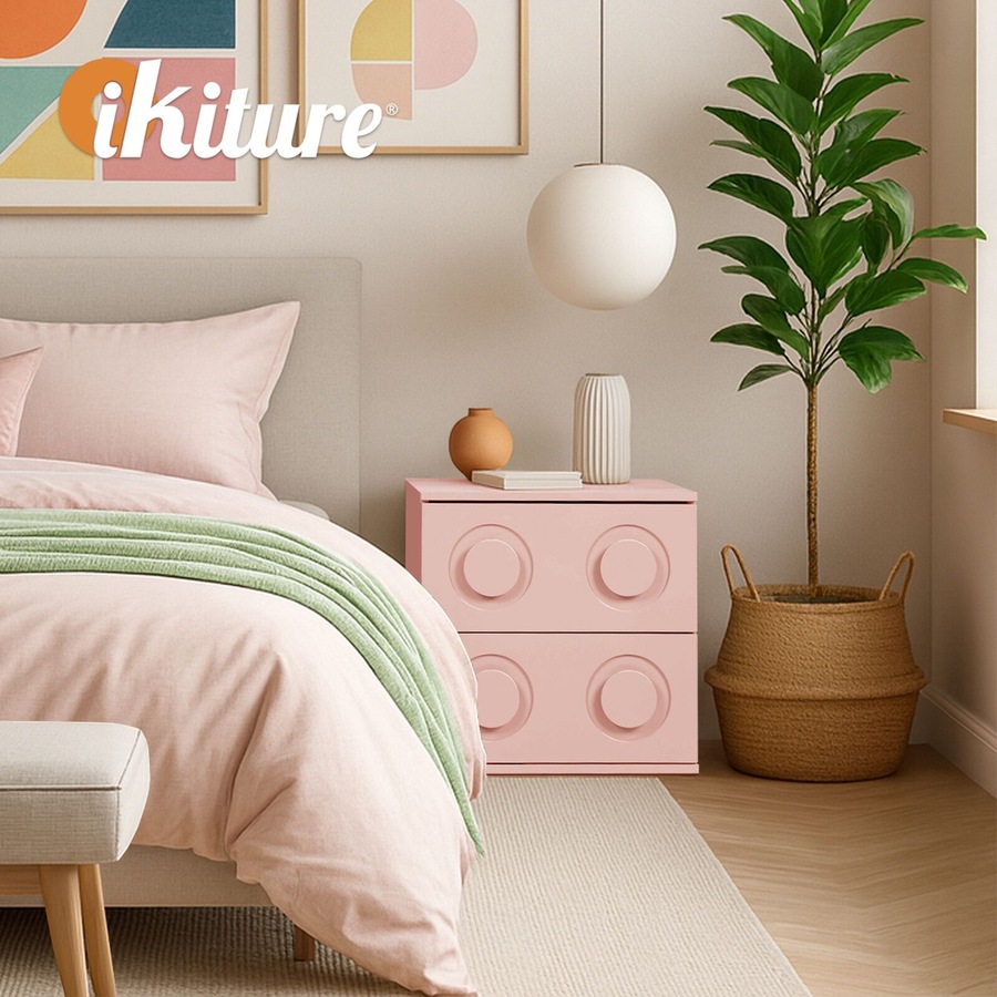 Oikiture Bedside Table 2 Drawers Kid Nightstand Pink