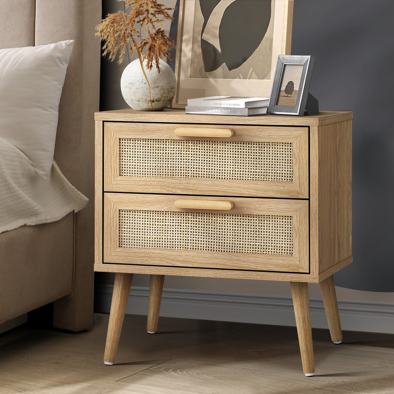 Buy Oikiture Bedside Table 2 Drawers Rattan Bedroom Storage