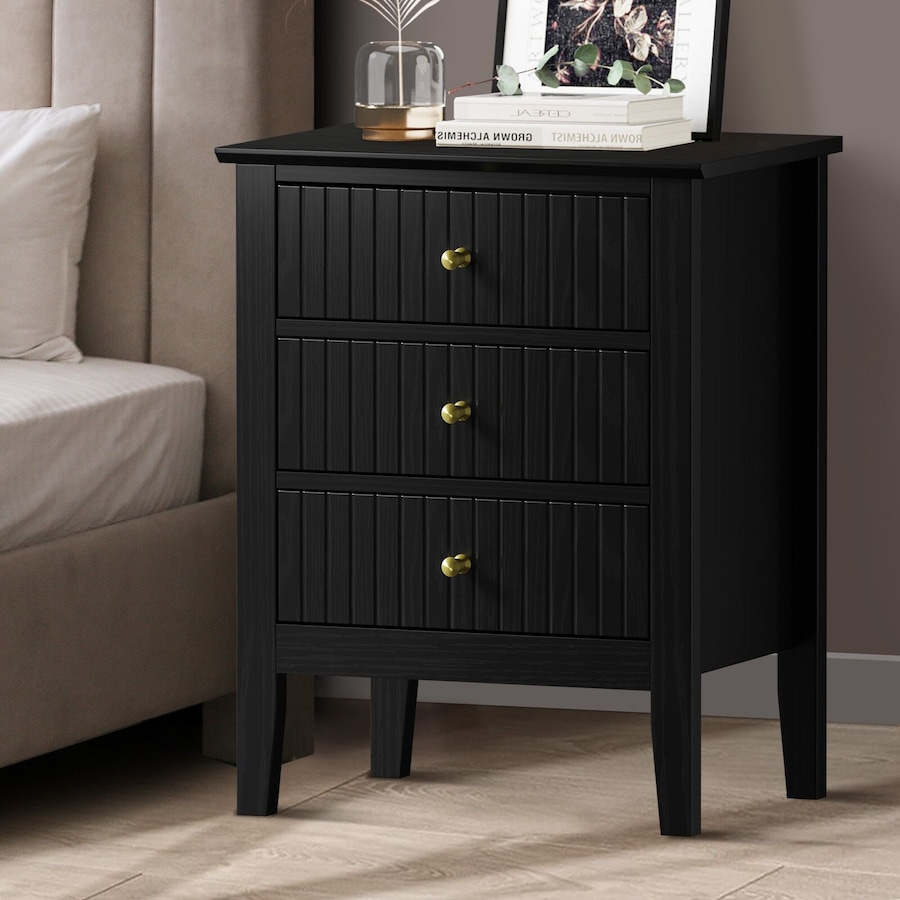 Oikiture Bedside Table 3 Drawers Side End Storage Furniture Nightstand Black