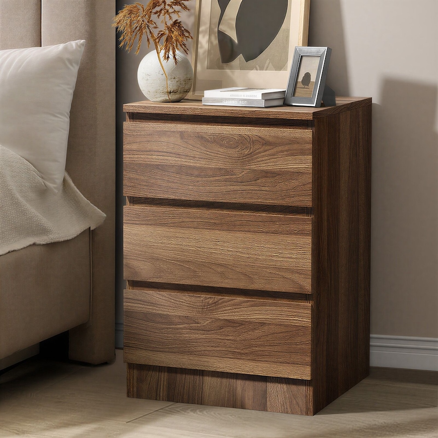 Oikiture Bedside Table 3 Drawers Side Tables Storage Cabinet Nightstand Walnut