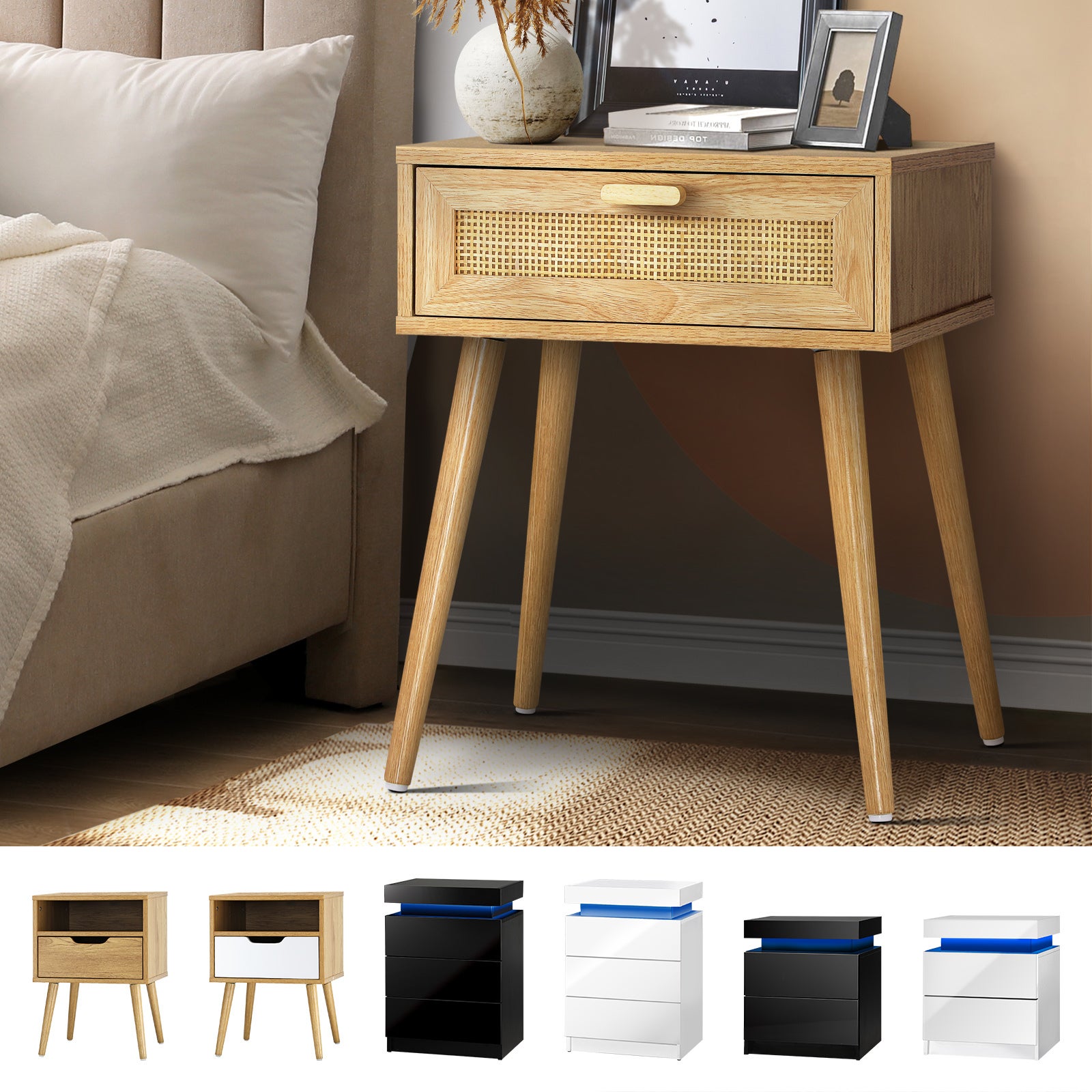 Oikiture Bedside Table Drawers Side Table Storage Cabinet Bedroom Nightstand