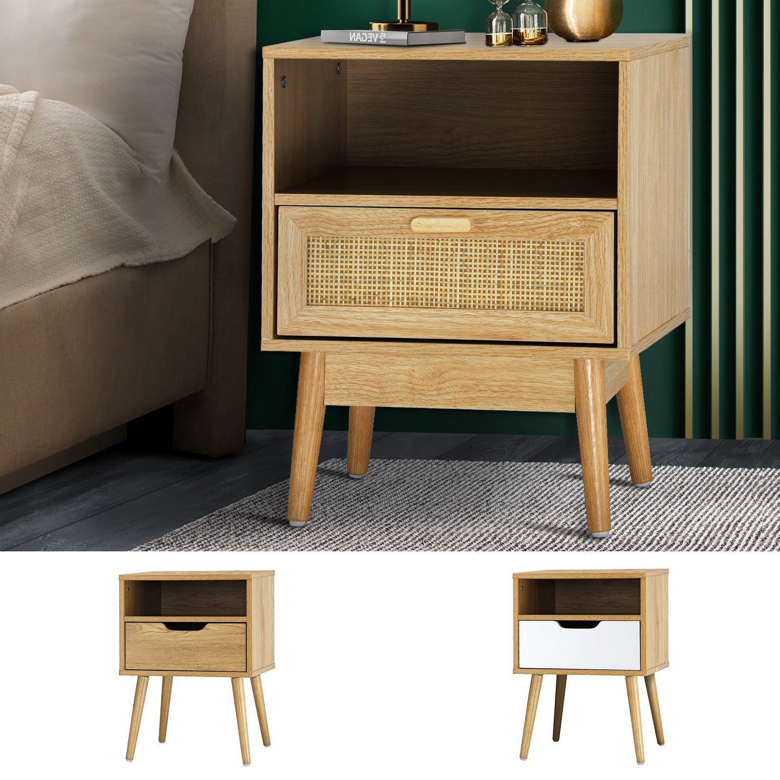 Oikiture Bedside Table Drawers Side Tables Nightstand Wood Storage Cabinet