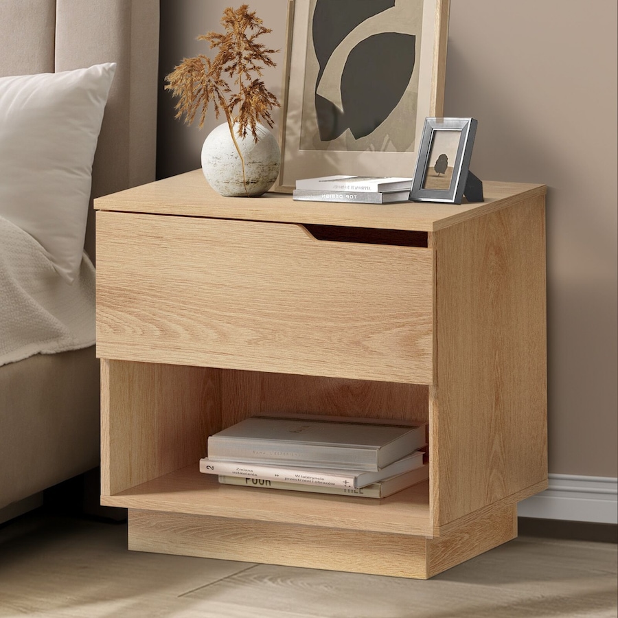 Oikiture Bedside Table Nightstand 1 Drawer Storage Shelf Natural