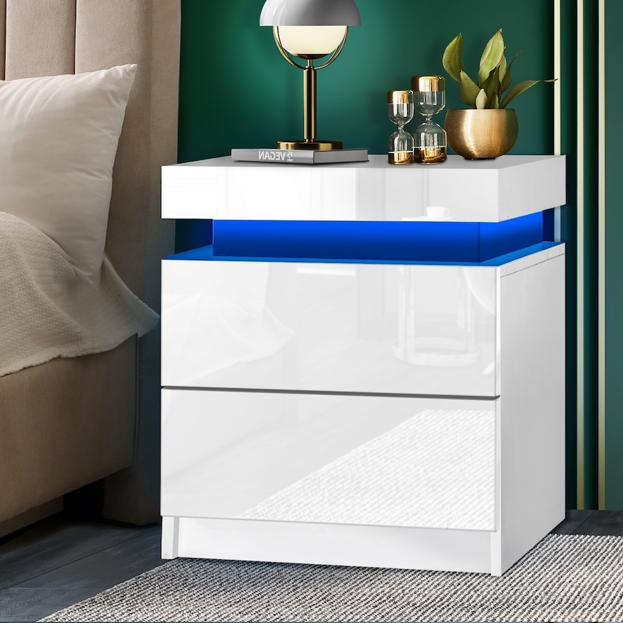 Oikiture Bedside Table RGB LED Nightstand Cabinet 2 Drawers Side Table Furniture