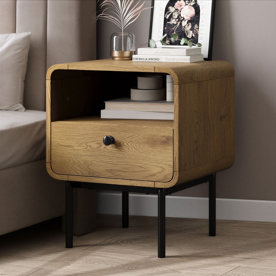 Oikiture Bedside Table Side Table Bedroom Storage Nightstand Metal Natural