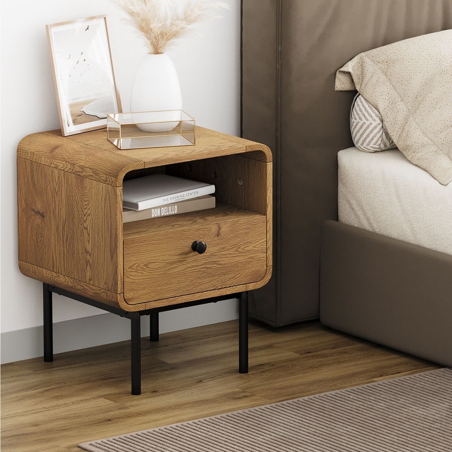 Oikiture Bedside Table Side Table Bedroom Storage Nightstand Metal Natural