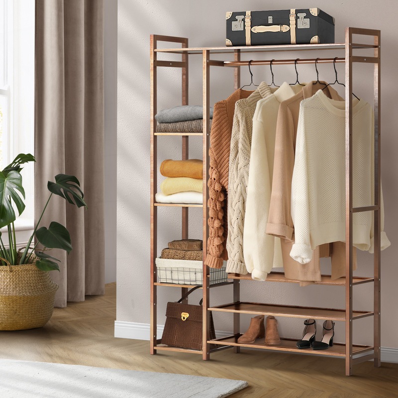Buy Oikiture Clothes Rack Open Wardrobe Garment Coat Hanging Rail Bamboo 8 Shelves - MyDeal