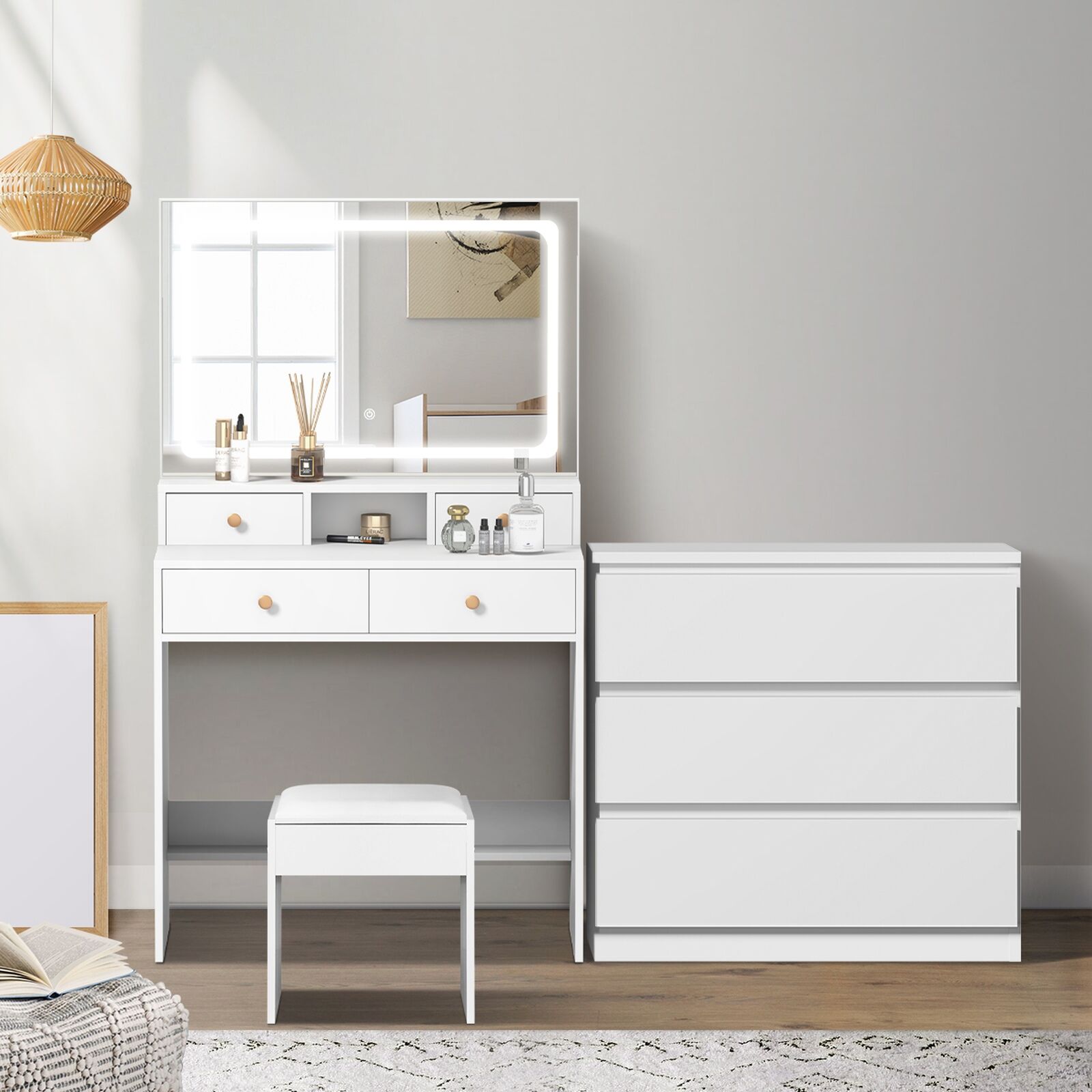 Oikiture Dressing Table Stool Set LED Makeup Mirror Vanity Desk 7 Drawers White