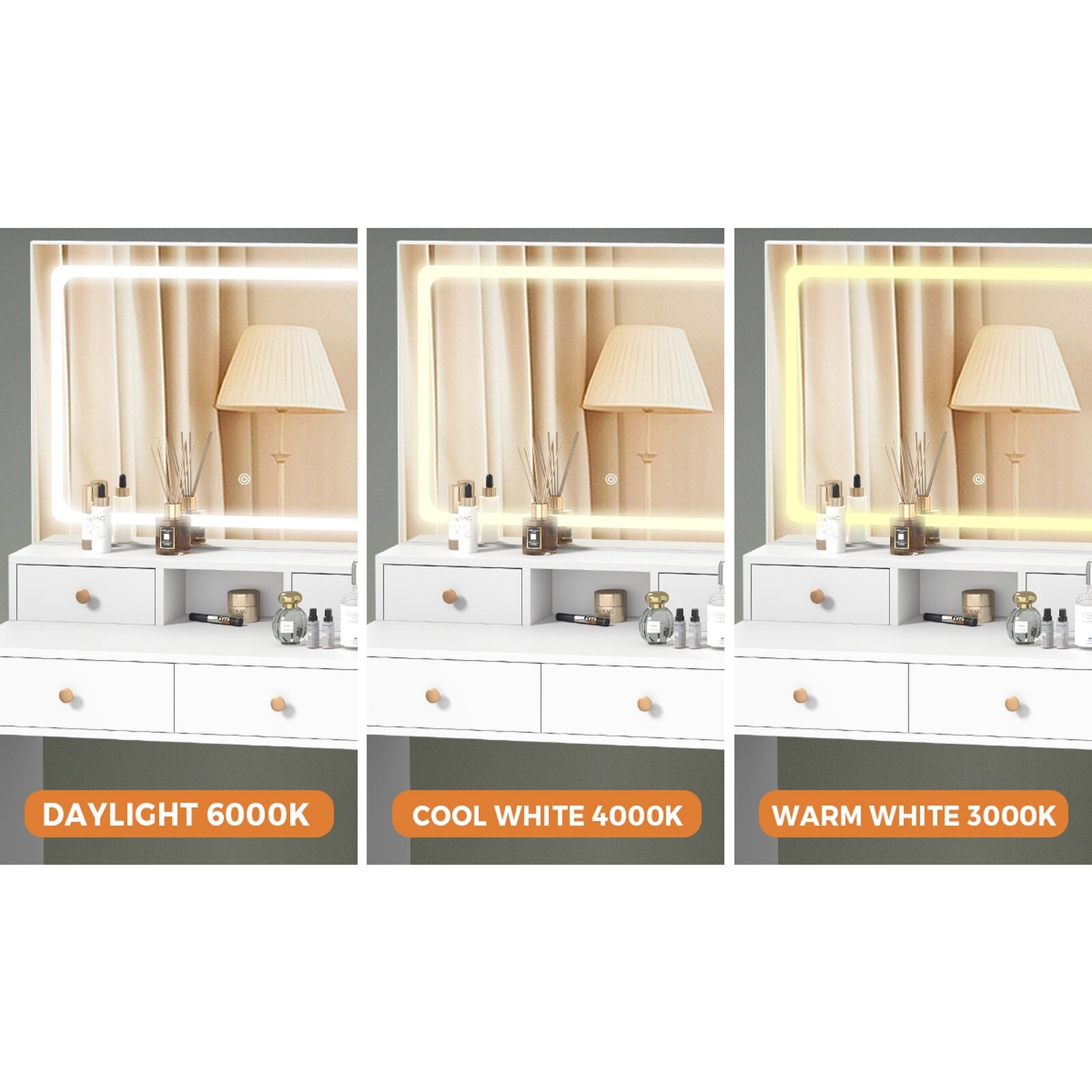 Oikiture Dressing Table Stool Set LED Makeup Mirror Vanity Desk 7 Drawers White