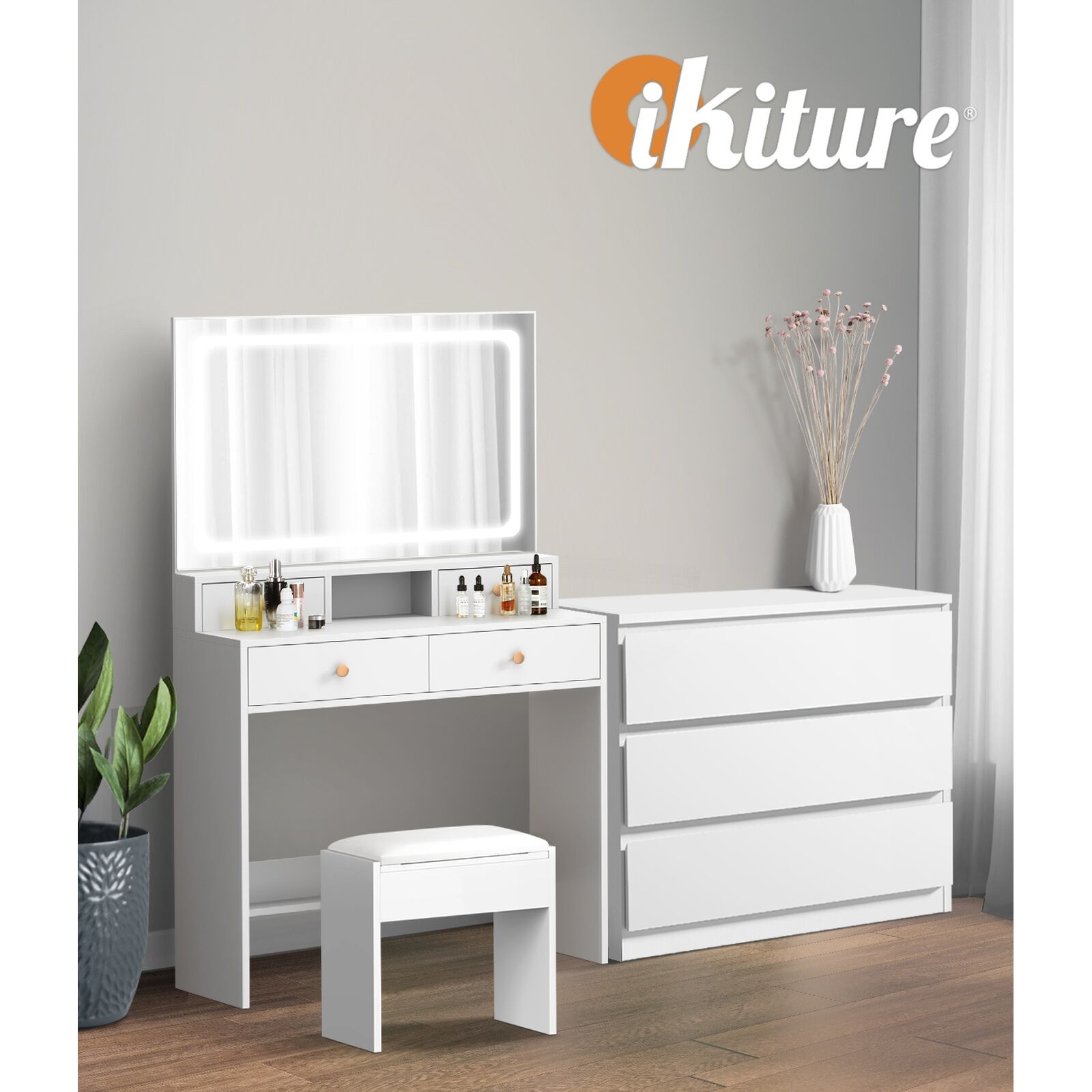 Oikiture Dressing Table Stool Set LED Makeup Mirror Vanity Desk 7 Drawers White
