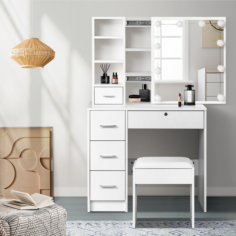 Buy Oikiture Dressing Table Stool Set Makeup Slide Mirror Drawer 10 LED